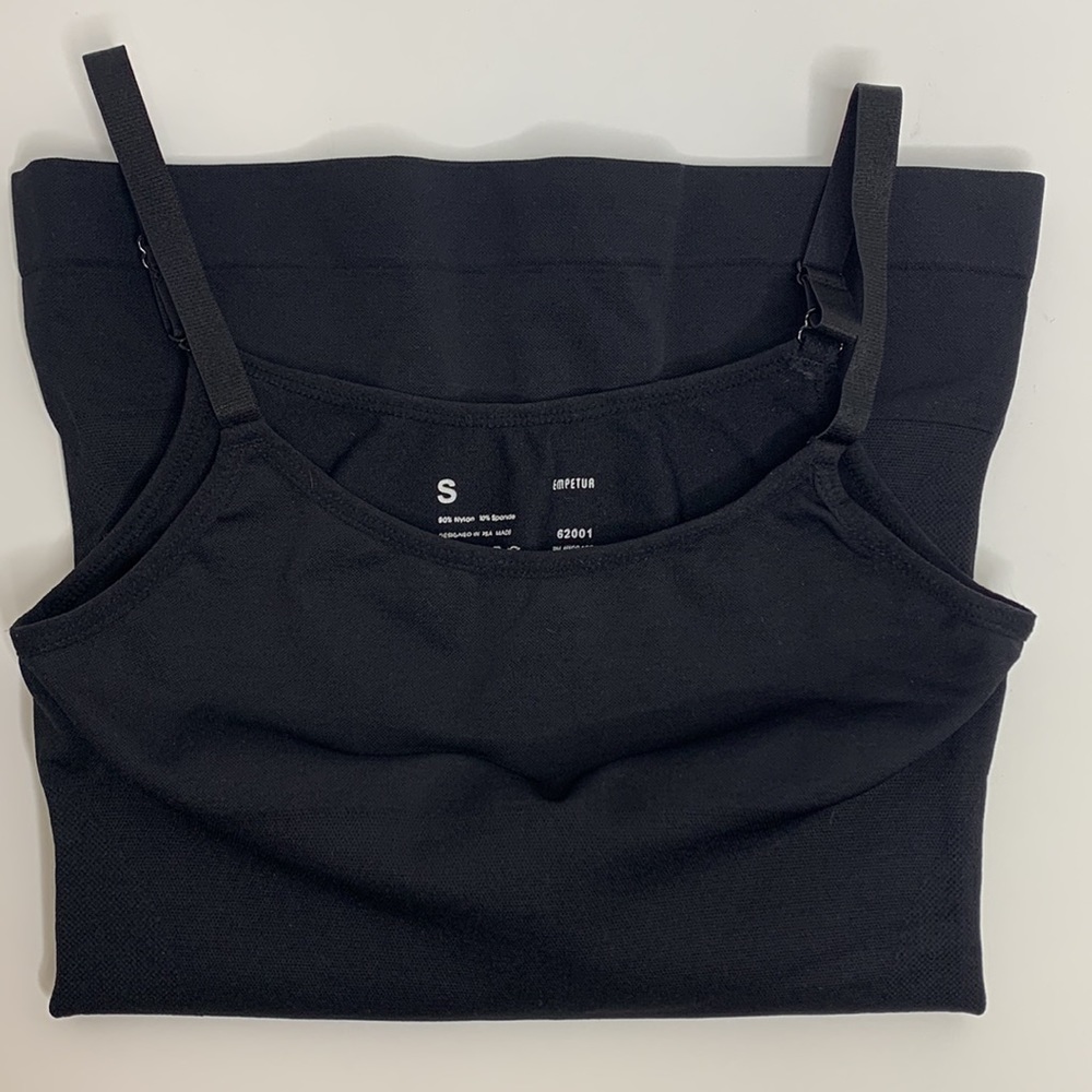 Empetur | Black Nylon Spandex Adjustable Spaghetti Strap Shirt Tight Fitted Top